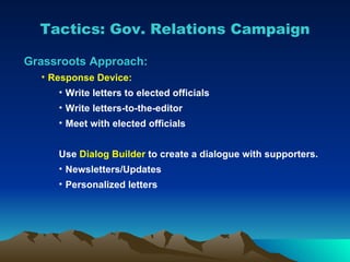 Tactics: Gov. Relations Campaign Grassroots Approach: Response Device: Write letters to elected officials Write letters-to-the-editor Meet with elected officials Use  Dialog Builder  to create a dialogue with supporters. Newsletters/Updates Personalized letters 
