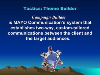 Campaign Builder  is MAYO Communication’s system that establishes two-way, custom-tailored communications between the client and the target audiences.  Tactics: Theme Builder 