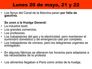 Lunes 20 de mayo, 21 y 22 Los ferrys del Canal de la Mancha   paran  por falta de gasolina.  Se unen a la Huelga General: La industria textil.  Los grandes comercios. Los profesores.  Los trabajadores del gas y la electricidad,   pero mantienen el suministro doméstico y de emergencia casi por completo. Los trabajadores de correos, pero los telegramas urgentes se entregaban. En algunas fábricas se alteraron los horarios para adaptarse a las necesidades de la protesta.  Los alimentos llegaban a Paris como antes de la huelga. 