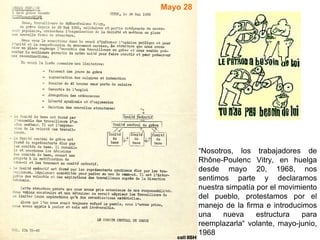 “ Nosotros, los trabajadores de Rhône-Poulenc Vitry, en huelga desde mayo 20, 1968, nos sentimos parte y declaramos nuestra simpatía por el movimiento del pueblo, protestamos por el manejo de la firma e introducimos una nueva estructura para reemplazarla“ volante, mayo-junio, 1968 Mayo 28 