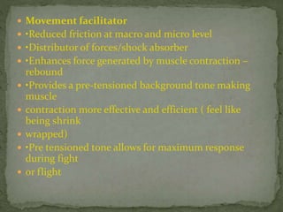  Movement facilitator
 •Reduced friction at macro and micro level
 •Distributor of forces/shock absorber
 •Enhances force generated by muscle contraction –
rebound
 •Provides a pre-tensioned background tone making
muscle
 contraction more effective and efficient ( feel like
being shrink
 wrapped)
 •Pre tensioned tone allows for maximum response
during fight
 or flight
 