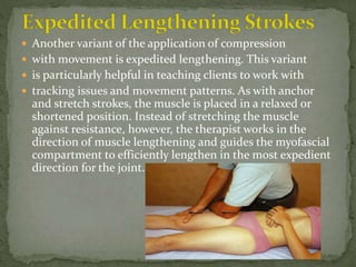  Another variant of the application of compression
 with movement is expedited lengthening. This variant
 is particularly helpful in teaching clients to work with
 tracking issues and movement patterns. As with anchor
and stretch strokes, the muscle is placed in a relaxed or
shortened position. Instead of stretching the muscle
against resistance, however, the therapist works in the
direction of muscle lengthening and guides the myofascial
compartment to efficiently lengthen in the most expedient
direction for the joint.
 