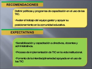 Definir políticas y programas de capacitación en el uso de las TIC. Avalar el trabajo del equipo gestor y apoyar su posicionamiento en la comunidad educativa.   Sensibilización y capacitación a directivos, docentes y administrativos. Proceso de implementación de TIC en la vida institucional. Fomento de la interdisciplinariedad apoyada en el uso de las TIC  RECOMENDACIONES EXPECTATIVAS 