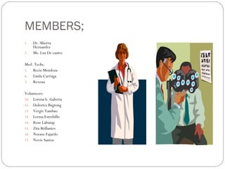 MEMBERS; Dr. Shierra Hernandez Ms. Luz De castro Med. Techs. Recie Mendoza Linda Carriaga Revena  Volunteers: Lorena b. Gaberia Dolortes Bugtong Vergie Yambao Lerma Estrebillo Rose Labutap Zita Brillantes Noeme Fajardo Novie Santos 