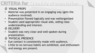 CRITERIA for Creative Presentation
໖ VISUAL PROPS
• Material was presented in an engaging way (gets the
audience involved)
• Presentation flowed logically and was wellorganized
• Student used appropriate visual aids, aiding class
understanding and interest.
໖ DELIVERY
• Student was very clear and well-spoken during
presentation.
໖ PHYSICAL PRESENCE
• Eye contact is consistently made with audience,
• Little to no nervous habits are exhibited, and enthusiasm
and energy are present.
 