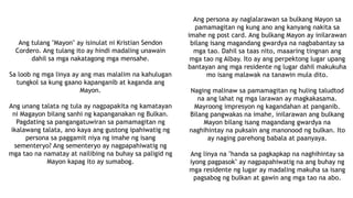 Ang tulang "Mayon" ay isinulat ni Kristian Sendon
Cordero. Ang tulang ito ay hindi madaling unawain
dahil sa mga nakatagong mga mensahe.
Sa loob ng mga linya ay ang mas malalim na kahulugan
tungkol sa kung gaano kapanganib at kaganda ang
Mayon.
Ang unang talata ng tula ay nagpapakita ng kamatayan
ni Magayon bilang sanhi ng kapanganakan ng Bulkan.
Pagdating sa pangangatuwiran sa pamamagitan ng
ikalawang talata, ano kaya ang gustong ipahiwatig ng
persona sa paggamit niya ng imahe ng isang
sementeryo? Ang sementeryo ay nagpapahiwatig ng
mga tao na namatay at nailibing na buhay sa paligid ng
Mayon kapag ito ay sumabog.
Ang persona ay naglalarawan sa bulkang Mayon sa
pamamagitan ng kung ano ang kanyang nakita sa
imahe ng post card. Ang bulkang Mayon ay inilarawan
bilang isang magandang gwardya na nagbabantay sa
mga tao. Dahil sa taas nito, maaaring tingnan ang
mga tao ng Albay. Ito ay ang perpektong lugar upang
bantayan ang mga residente ng lugar dahil makukuha
mo isang malawak na tanawin mula dito.
Naging malinaw sa pamamagitan ng huling taludtod
na ang lahat ng mga larawan ay magkakasama.
Mayroong impresyon ng kagandahan at panganib.
Bilang pangwakas na imahe, inilarawan ang bulkang
Mayon bilang isang magandang gwardya na
naghihintay na puksain ang manonood ng bulkan. Ito
ay naging parehong babala at paanyaya.
Ang linya na "handa sa pagkapkap na naghihintay sa
iyong pagpasok" ay nagpapahiwatig na ang buhay ng
mga residente ng lugar ay madaling makuha sa isang
pagsabog ng bulkan at gawin ang mga tao na abo.
 