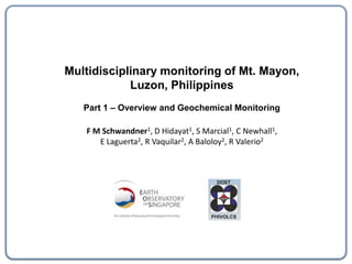Multidisciplinary monitoring of Mt. Mayon,
            Luzon, Philippines
   Part 1 – Overview and Geochemical Monitoring

   F M Schwandner1, D Hidayat1, S Marcial1, C Newhall1,
      E Laguerta2, R Vaquilar2, A Baloloy2, R Valerio2
 