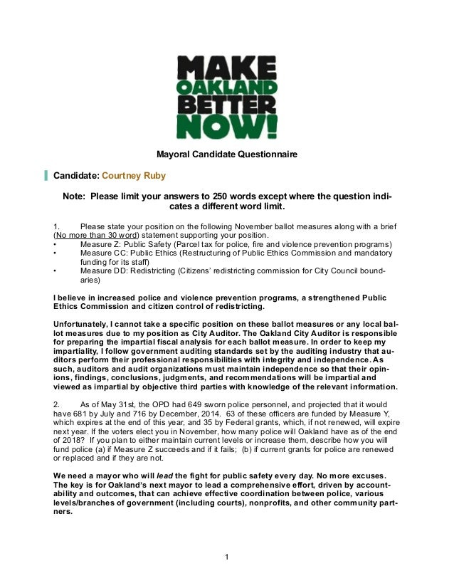 Oakland Mayoral Candidate Questionnaire 2014 Courtney Ruby