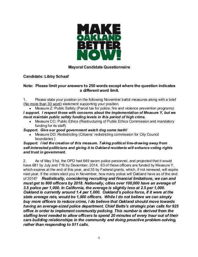 Oakland Mayoral Candidate Questionnaire 2014 Libby Schaaf