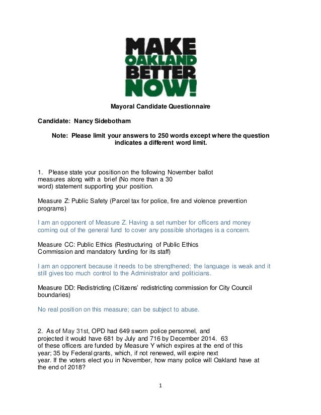 Oakland Mayoral Candidate Questionnaire 2014 Nancy Sidebotham