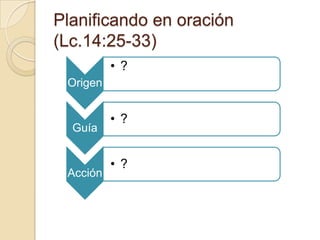 Planificando en oración
(Lc.14:25-33)
          • ?
 Origen


          • ?
  Guía


          • ?
 Acción
 