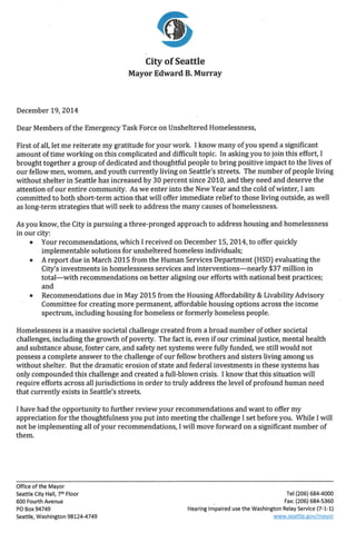 Mayor Murray letter to members of homelessness task force 12 19-14