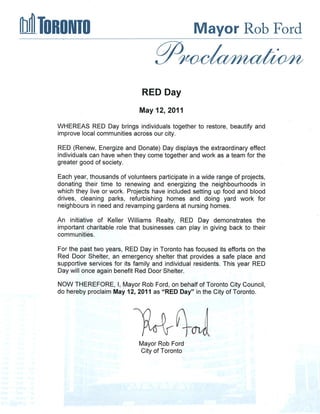 Mayor Rob Ford City of Toronto Proclaims 5.12.11 as RED Day 