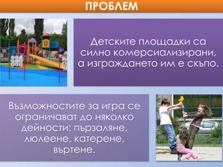 ПРОБЛЕМ
Детските площадки са
силно комерсиализирани,
а изграждането им е скъпо.

Възможностите за игра се
ограничават до няколко
дейности: пързаляне,
люлеене, катерене,
въртене.

 