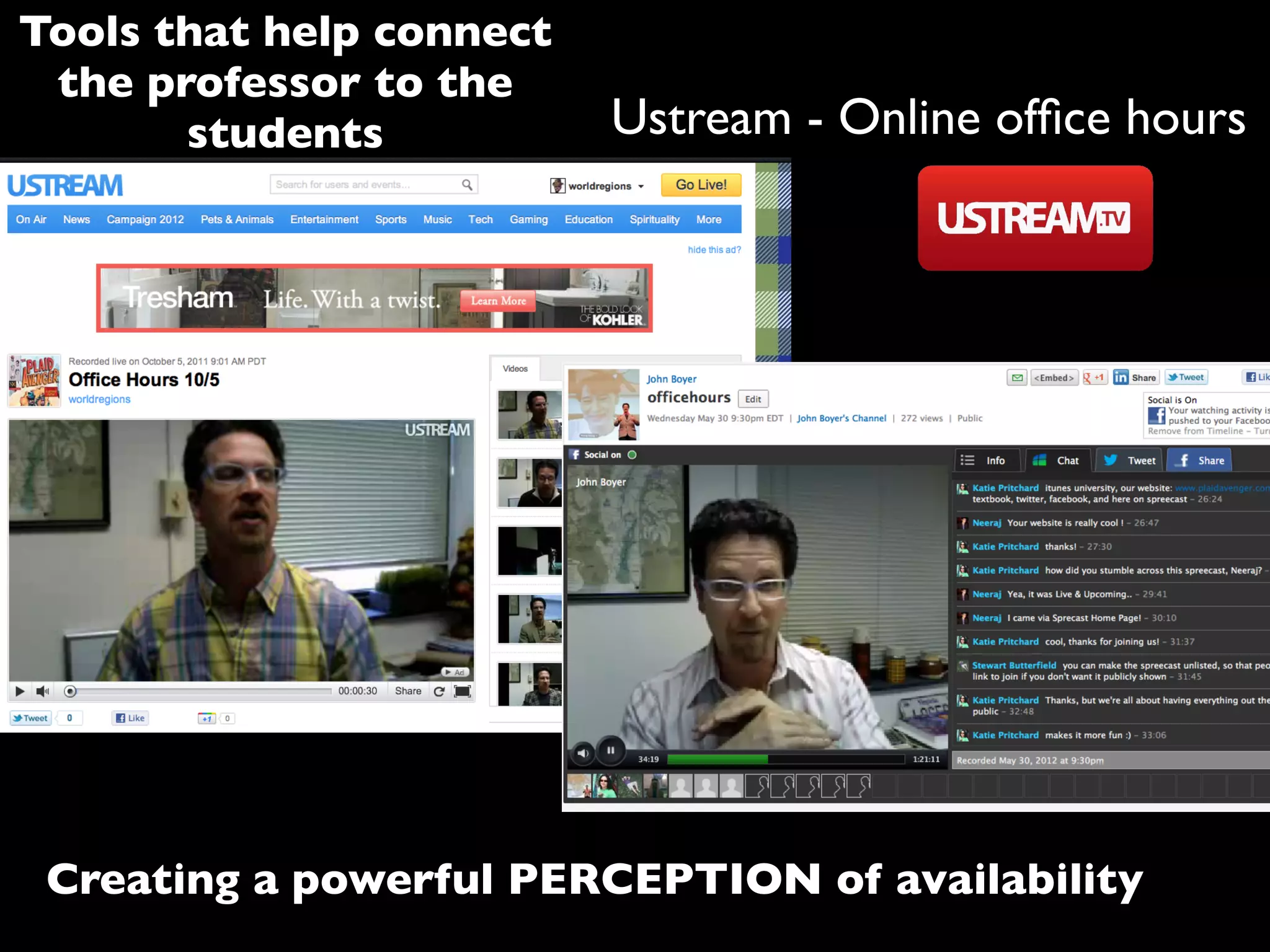 Tools that help connect
the professor to the
students
Creating a powerful PERCEPTION of availability
Ustream - Online ofﬁce hours
 