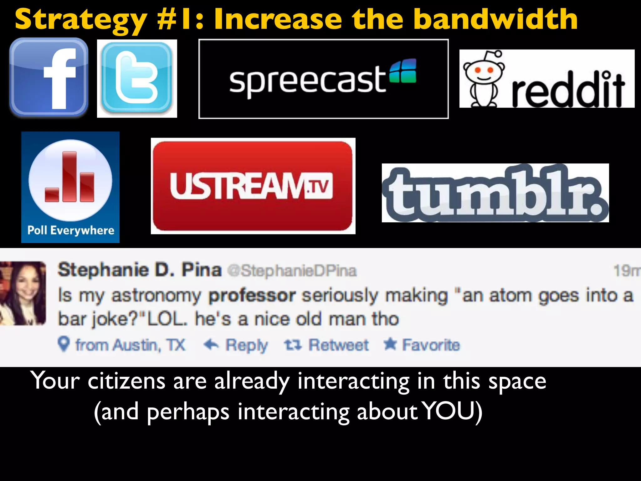 -Communicate in their languages
Increases teacher/student interactions
Increases student/student interactions
Provides instant and continuous feedback
Your citizens are already interacting in this space
(and perhaps interacting aboutYOU)
Strategy #1: Increase the bandwidth
 