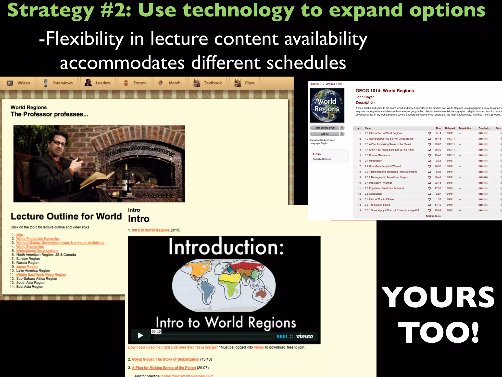 -Flexibility in lecture content availability
accommodates different schedules
YOURS
TOO!
Strategy #2: Use technology to expand options
 