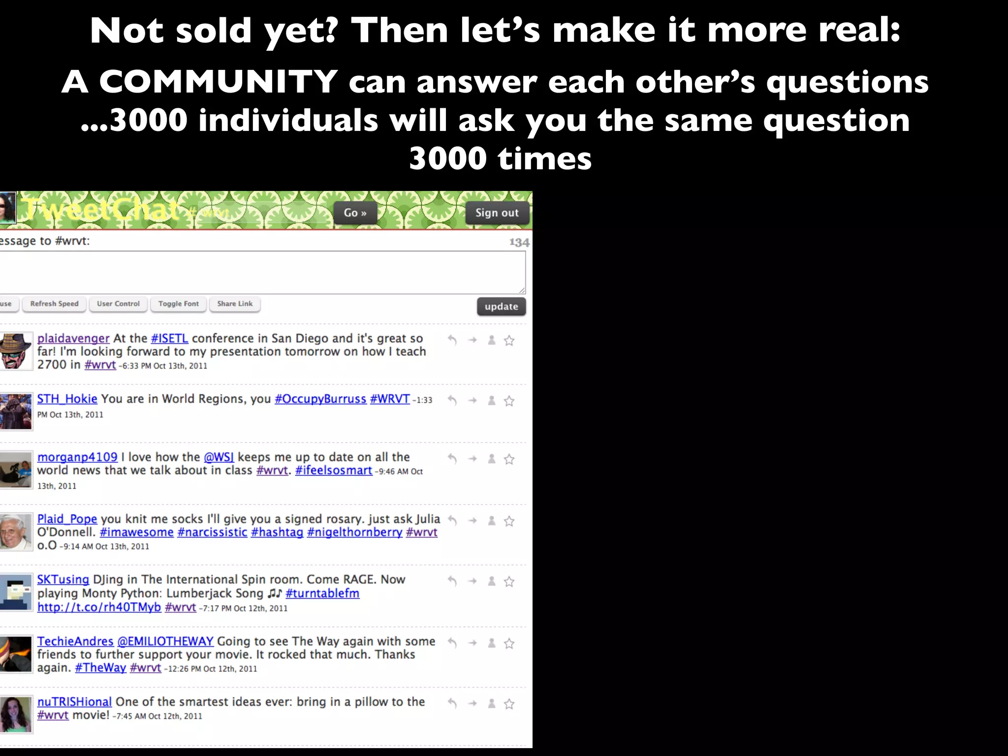 A COMMUNITY can answer each other’s questions
...3000 individuals will ask you the same question
3000 times
Not sold yet? Then let’s make it more real:
 