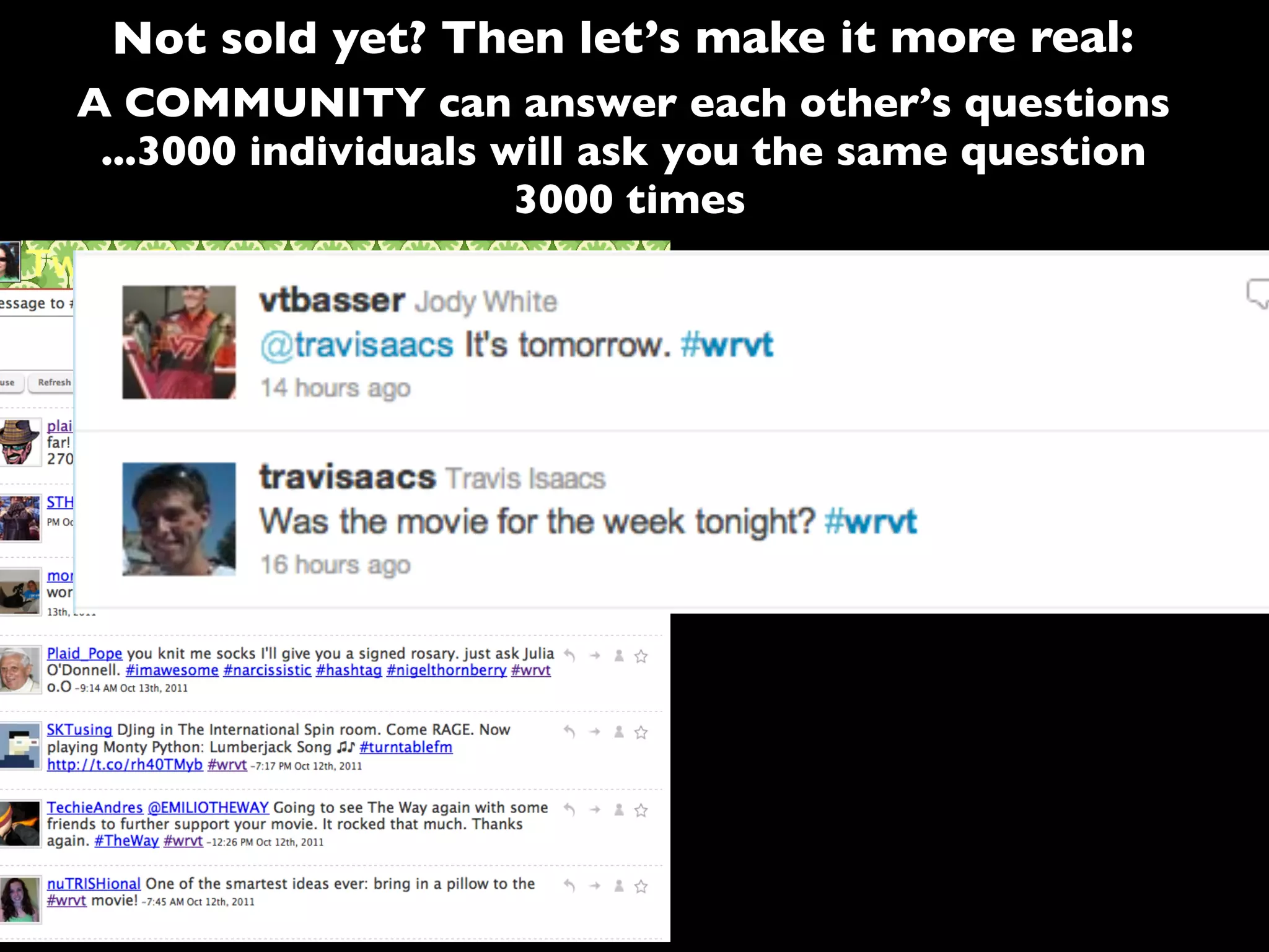 A COMMUNITY can answer each other’s questions
...3000 individuals will ask you the same question
3000 times
Not sold yet? Then let’s make it more real:
 