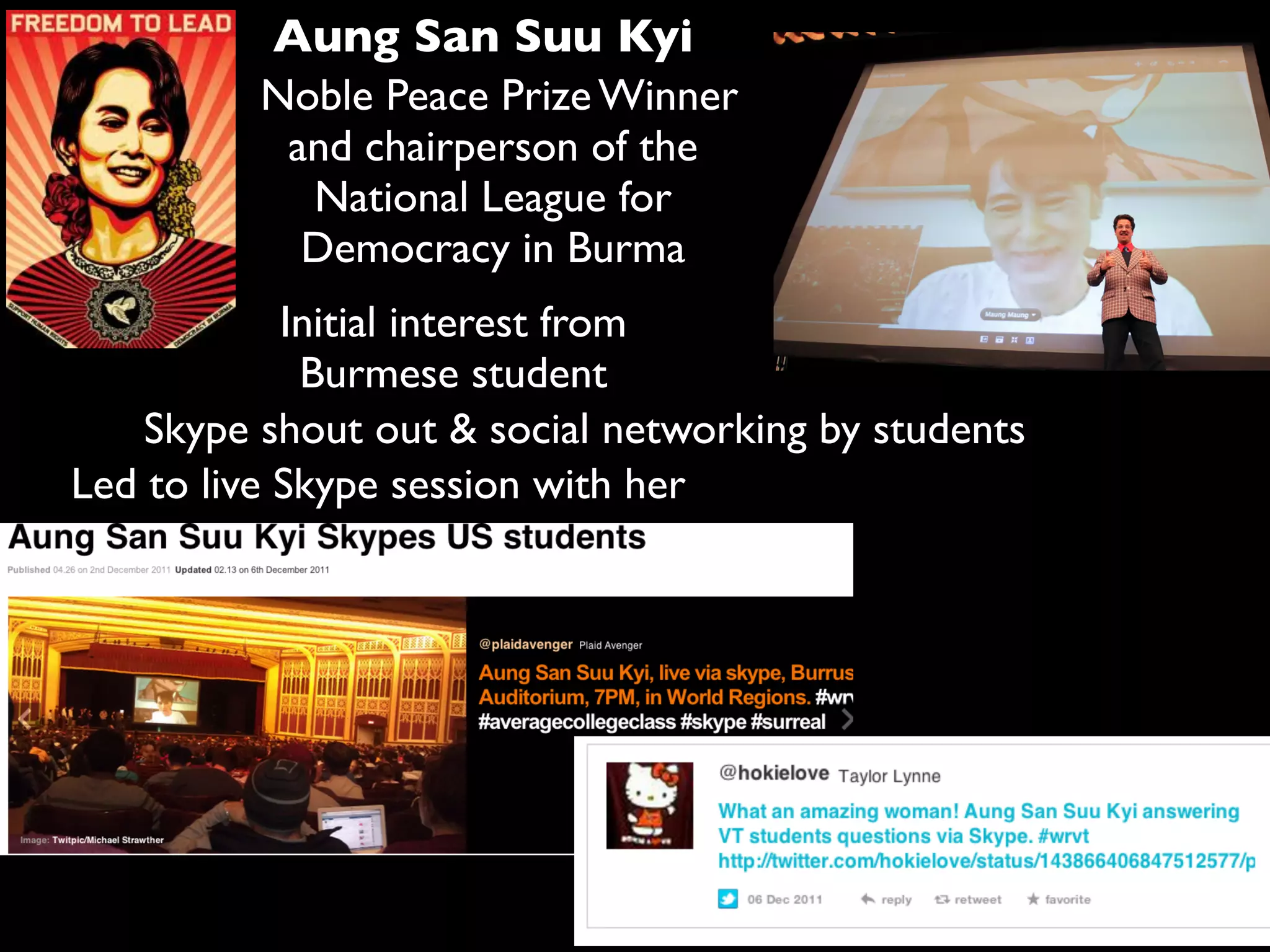 Aung San Suu Kyi
Noble Peace Prize Winner
and chairperson of the
National League for
Democracy in Burma
Led to live Skype session with her
Initial interest from
Burmese student
Skype shout out & social networking by students
 