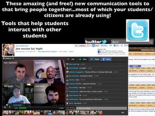 These amazing (and free!) new communication tools to
that bring people together...most of which your students/
citizens are already using!
Tools that help students
interact with other
students
 
