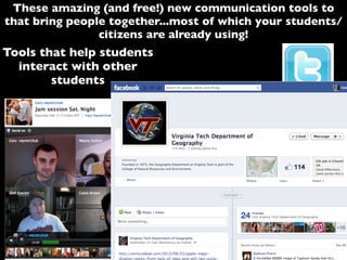 These amazing (and free!) new communication tools to
that bring people together...most of which your students/
citizens are already using!
Tools that help students
interact with other
students
 