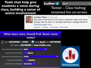 Tools that help give
students a voice during
class, building a sense of
active involvement
Twitter - Class hashtag
streamed live on-screen
 