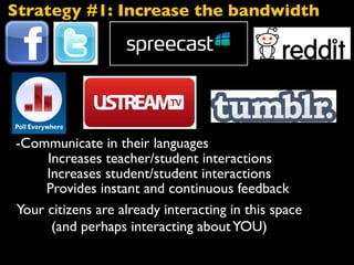-Communicate in their languages
Increases teacher/student interactions
Increases student/student interactions
Provides instant and continuous feedback
Your citizens are already interacting in this space
(and perhaps interacting aboutYOU)
Strategy #1: Increase the bandwidth
 