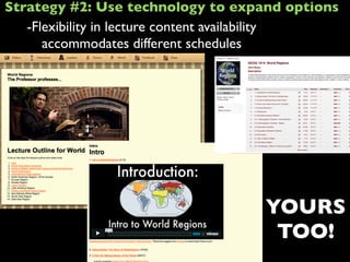 -Flexibility in lecture content availability
accommodates different schedules
YOURS
TOO!
Strategy #2: Use technology to expand options
 