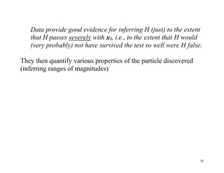 Data provide good evidence for inferring H (just) to the extent
that H passes severely with x0, i.e., to the extent that H would
(very probably) not have survived the test so well were H false.
They then quantify various properties of the particle discovered
(inferring ranges of magnitudes)

25

 