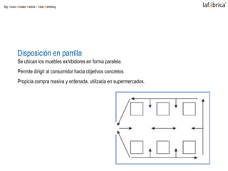 Disposición en parrilla
Se ubican los muebles exhibidores en forma paralela.
Permite dirigir al consumidor hacia objetivos concretos
Propicia compra masiva y ordenada, utilizada en supermercados.
Mg. Alvaro Morales Medina / Trade Marketing
 