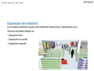 Disposición del mobiliario
Los muebles exhibidores pueden tener diferentes disposiciones. Dependiendo de la
intención se pueden trabajar así:
– Disposición libre
– Disposición en parrilla
– Disposición Aspirada
Mg. Alvaro Morales Medina / Trade Marketing
 