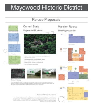 Mayowood Historic District
                                                                   Re-use Proposals
                                           Current State                                                                                Mansion Re-use
Ballroom level: Secondary space            Mayowood Museum                                                             Parking lot      The Mayowood Inn
                                                                                                         Picnic area


                                                                                                                                               Community Areas




Second floor: Primary space


                                                                                                                                                                     Fourth floor / ballroom




                                                                                                                                            Preferred Guest Rooms


                                                                                                                                            Economy Rooms


                                                                                                                                            Mid-level Rooms




First floor: Primary space


                                            • Upkeep on interior (cleaning, restoration) and grounds (gardening)
                                            • Staff management and tours
                                            • Advertising for mansion (brochures, displays, website)
                                            • Cater to public schools for field trip opportunities
                                                                                                                                                                    Second floor / bedrooms
                                            • Create community areas that do not require a fee
Basement level: Secondary space             • Offer small classes in ballroom area


                                                                                                                                            Welcome/Check-in Area


                                                                                                                                            Community Areas

                                                                                                                                            Preferred Guest Areas




        Museum Signage
        Currently, Mayowood Mansion is tucked away amongst a vast wooded area. Without directions, there is little evi-
        dence of its location in Rochester. Intending to increase the advertisement of the museum, we believe it would ben-                                         First floor / living area
        efit greatly from additional signage at crucial intersections on the route to the mansion.




                                                                                                                                            Community Areas




                                                                                 Mayowood Mansion Re-purposed
               If given the opportunity, we believe that the Mayowood Mansion could be successfully adapted for public use, while
               maintaining its rich history. Its ample living space and numerous bedrooms provide an ideal situation for a historical
                 bed and breakfast. While replacing furniture that would be used to a greater degree, much of the decoration of the
                 mansion could remain. Installed in each room would be a display of pictures and artifacts that describe the original
                                                                                        state of the room and how the Mayos lived.                                  Basement level
 