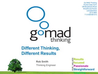 05/06/2013 1www.gomadthinking.com
Go MAD Thinking
Pocket Gate Farm
Off Breakback Road
Woodhouse Eaves
Leicestershire
LE12 8RS
T: 01509 891313
Different Thinking,
Different Results
Rob Smith
Thinking Engineer
Results
focused
Passionate
Straightforward
InspiringOURVALUES
 