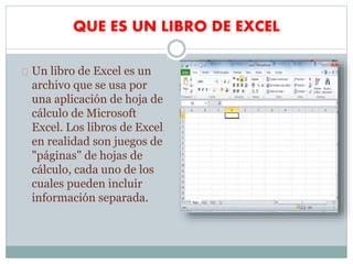 QUE ES UN LIBRO DE EXCEL
Un libro de Excel es un
archivo que se usa por
una aplicación de hoja de
cálculo de Microsoft
Excel. Los libros de Excel
en realidad son juegos de
"páginas" de hojas de
cálculo, cada uno de los
cuales pueden incluir
información separada.
 