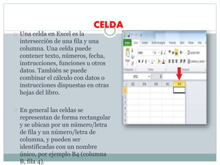 CELDA
Una celda en Excel es la
intersección de una fila y una
columna. Una celda puede
contener texto, números, fecha,
instrucciones, funciones u otros
datos. También se puede
combinar el cálculo con datos o
instrucciones dispuestas en otras
hojas del libro.
En general las celdas se
representan de forma rectangular
y se ubican por un número/letra
de fila y un número/letra de
columna, y pueden ser
identificadas con un nombre
único, por ejemplo B4 (columna
B, fila 4).
 