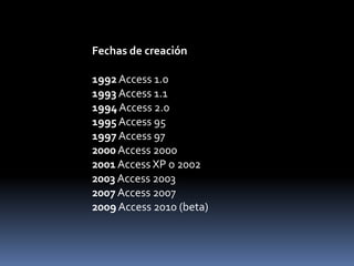 Fechas de creación1992 Access 1.0 1993 Access 1.1 1994 Access 2.0 1995 Access 95 1997 Access 97 2000 Access 2000 2001 Access XP o 2002 2003 Access 2003 2007 Access 2007 2009 Access 2010 (beta) 