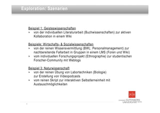 Dies ist eine Überschrift
Exploration: Szenarien



      Beispiel 1: Geisteswissenschaften
      ‣   von der individuellen Literaturarbeit (Buchwissenschaften) zur aktiven
          Kollaboration in einem Wiki

      Beispiele: Wirtschafts- & Sozialwissenschaften
      ‣   von der reinen Wissensvermittlung (BWL: Personalmanagement) zur
          nachbereitende Fallarbeit in Gruppen in einem LMS (Foren und Wiki)
      ‣   vom individuellen Forschungsprojekt (Ethnographie) zur studentischen
          Forscher-Community mit Weblogs

      Beispiel 3: Naturwissenschaft
      ‣   von der reinen Übung von Labortechniken (Biologie)
          zur Erstellung von Videopodcasts
      ‣   vom reinen Skript zur interaktiven Selbstlerneinheit mit
          Austauschmöglichkeiten




  8
 