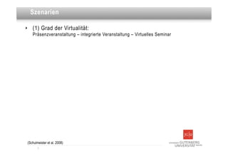 Dies ist eine Überschrift
      Szenarien

‣      (1) Grad der Virtualität:
       Präsenzveranstaltung – integrierte Veranstaltung – Virtuelles Seminar




    (Schulmeister et al. 2008)
           3
 