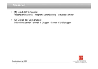 Dies ist eine Überschrift
      Szenarien

‣      (1) Grad der Virtualität:
       Präsenzveranstaltung – integrierte Veranstaltung – Virtuelles Seminar

‣      (2) Größe der Lerngruppe:
       individuelles Lernen – Lernen in Gruppen – Lernen in Großgruppen




    (Schulmeister et al. 2008)
           3
 