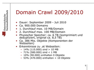 Domain Crawl 2009/2010 Dauer: September 2009 - Juli 2010 Ca. 900.000 Domains 1. Durchlauf max. 10 MB/Domain  2. Durchlauf max. 100 MB/Domain Physischer Speicher: ca. 6 TB (komprimiert und dedupliziert, original ca. 8,5 TB) Ca. 386 Mio. Objekte (Komponenten der Webseiten) Erkenntnisse zu .at Webseiten: 14% (115.000) sind > 10 MB 71% (580.000) sind < 1 MB 10% (90.000) enthalten 0 Objekte 53% (470.000) enthalten < 10 Objekte 