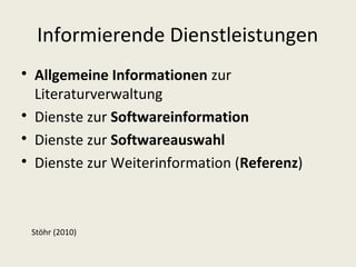 Informierende Dienstleistungen

    Allgemeine Informationen zur
    Literaturverwaltung

    Dienste zur Softwareinformation

    Dienste zur Softwareauswahl

    Dienste zur Weiterinformation (Referenz)



    Stöhr (2010)
 