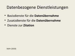 Datenbezogene Dienstleistungen

    Basisdienste für die Datenübernahme

    Zusatzdienste für die Datenübernahme

    Dienste zur Zitation




    Stöhr (2010)
 