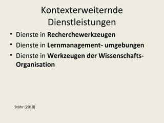 Kontexterweiternde
                    Dienstleistungen

    Dienste in Recherchewerkzeugen

    Dienste in Lernmanagement- umgebungen

    Dienste in Werkzeugen der Wissenschafts-
    Organisation




    Stöhr (2010)
 