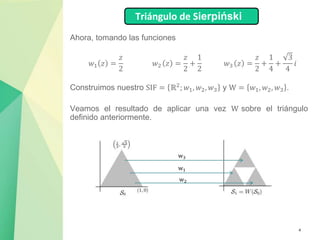 4
Ahora, tomando las funciones
𝑤1 𝑧 =
𝑧
2
𝑤2 𝑧 =
𝑧
2
+
1
2
𝑤3 𝑧 =
𝑧
2
+
1
4
+
3
4
𝑖
Construimos nuestro SIF = ℝ2; 𝑤1, 𝑤2, 𝑤3 y W = 𝑤1, 𝑤2, 𝑤3 .
Veamos el resultado de aplicar una vez W sobre el triángulo
definido anteriormente.
Triángulo de Sierpiński
w3
w1
w2
 