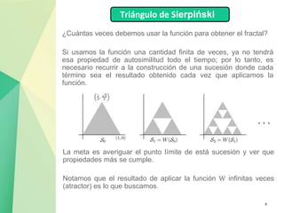 6
¿Cuántas veces debemos usar la función para obtener el fractal?
Si usamos la función una cantidad finita de veces, ya no tendrá
esa propiedad de autosimilitud todo el tiempo; por lo tanto, es
necesario recurrir a la construcción de una sucesión donde cada
término sea el resultado obtenido cada vez que aplicamos la
función.
Triángulo de Sierpiński
La meta es averiguar el punto límite de está sucesión y ver que
propiedades más se cumple.
Notamos que el resultado de aplicar la función W infinitas veces
(atractor) es lo que buscamos.
 