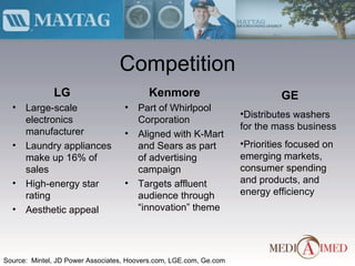 Competition LG Large-scale electronics manufacturer Laundry appliances make up 16% of sales High-energy star rating  Aesthetic appeal Kenmore Part of Whirlpool Corporation  Aligned with K-Mart and Sears as part of advertising campaign  Targets affluent audience through “innovation” theme  GE Distributes washers for the mass business Priorities focused on emerging markets, consumer spending and products, and energy efficiency  Source:  Mintel, JD Power Associates, Hoovers.com, LGE.com, Ge.com 