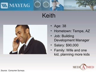 Keith Age: 38 Hometown: Tempe, AZ Job: Building Development Manager Salary: $90,000 Family: Wife and one kid, planning more kids Source:  Consumer Surveys 
