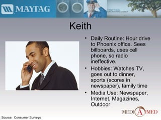 Keith Daily Routine: Hour drive to Phoenix office. Sees billboards, uses cell phone, so radio ineffective. Hobbies: Watches TV, goes out to dinner, sports (scores in newspaper), family time Media Use: Newspaper, Internet, Magazines, Outdoor Source:  Consumer Surveys 