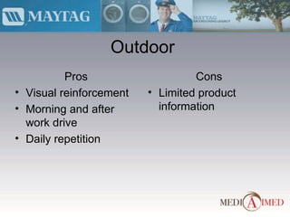 Outdoor Pros Visual reinforcement Morning and after work drive Daily repetition Cons Limited product information 